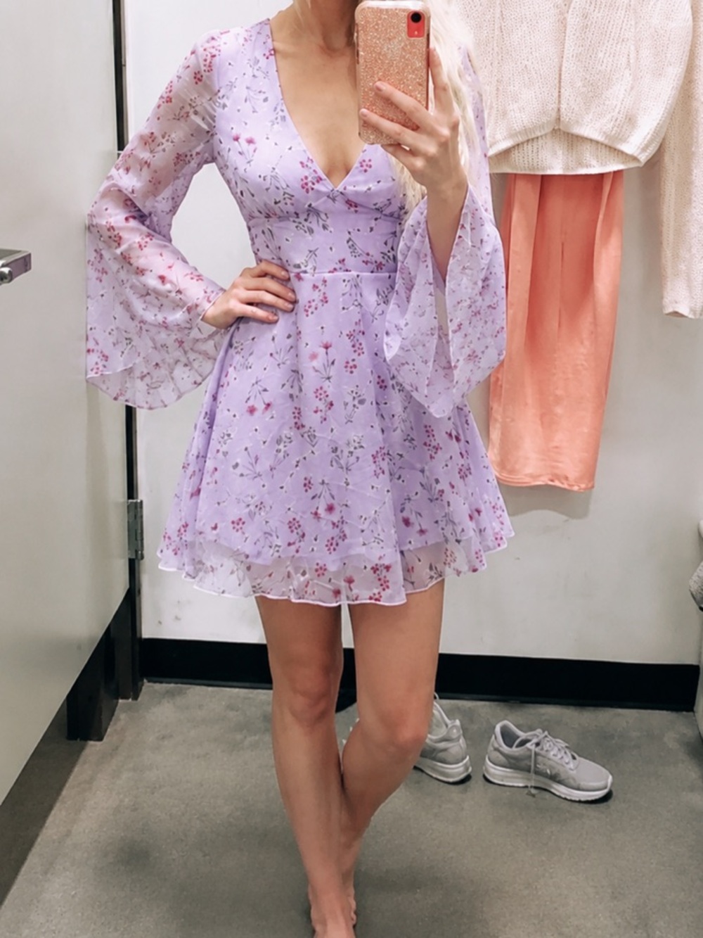 Boho Floral Print Bell Sheer Sleeve Dress